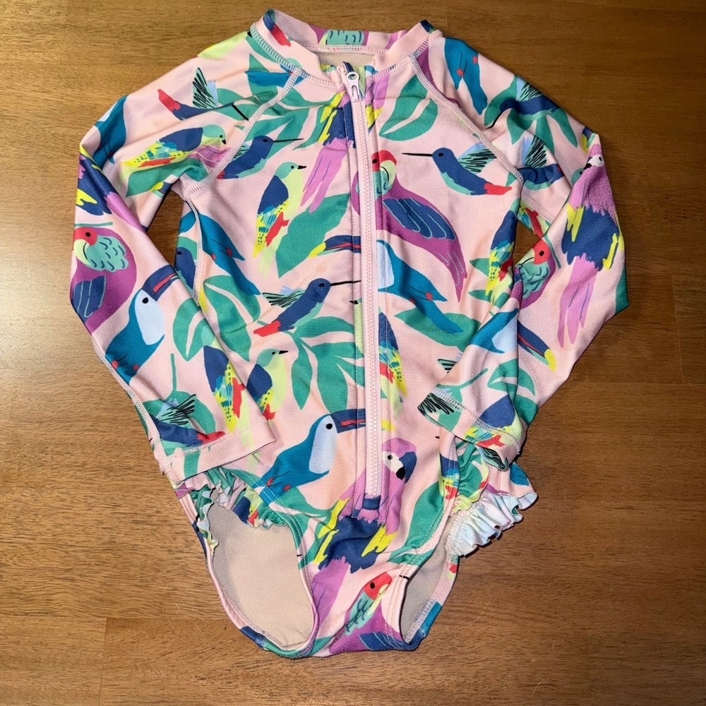 Tea Collection Girls 3T Tropical Bird Rash Guard One Piece Swimsuit Pink Zip Up